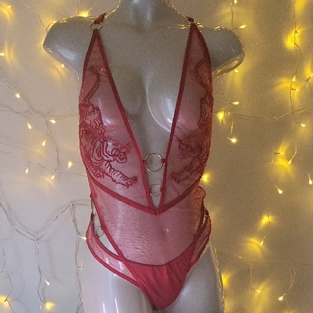 Thistle And Spire Red Sheer Bodysuit with Tiger Design Lot 047
